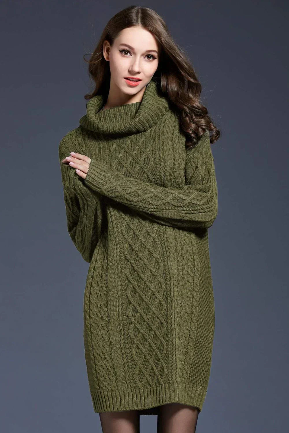 Women's Cable Knit Sweater Dress - Wool Blend - Cowl Neck - Long Sleeve - Relaxed Fit