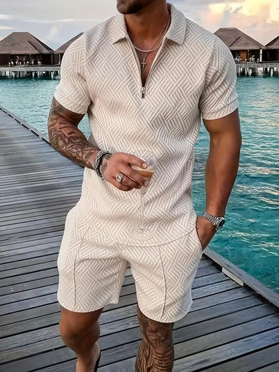 Men’s Polo Shirt and Shorts Set – Slim Fit – Breathable Blend – Zip Placket – Textured