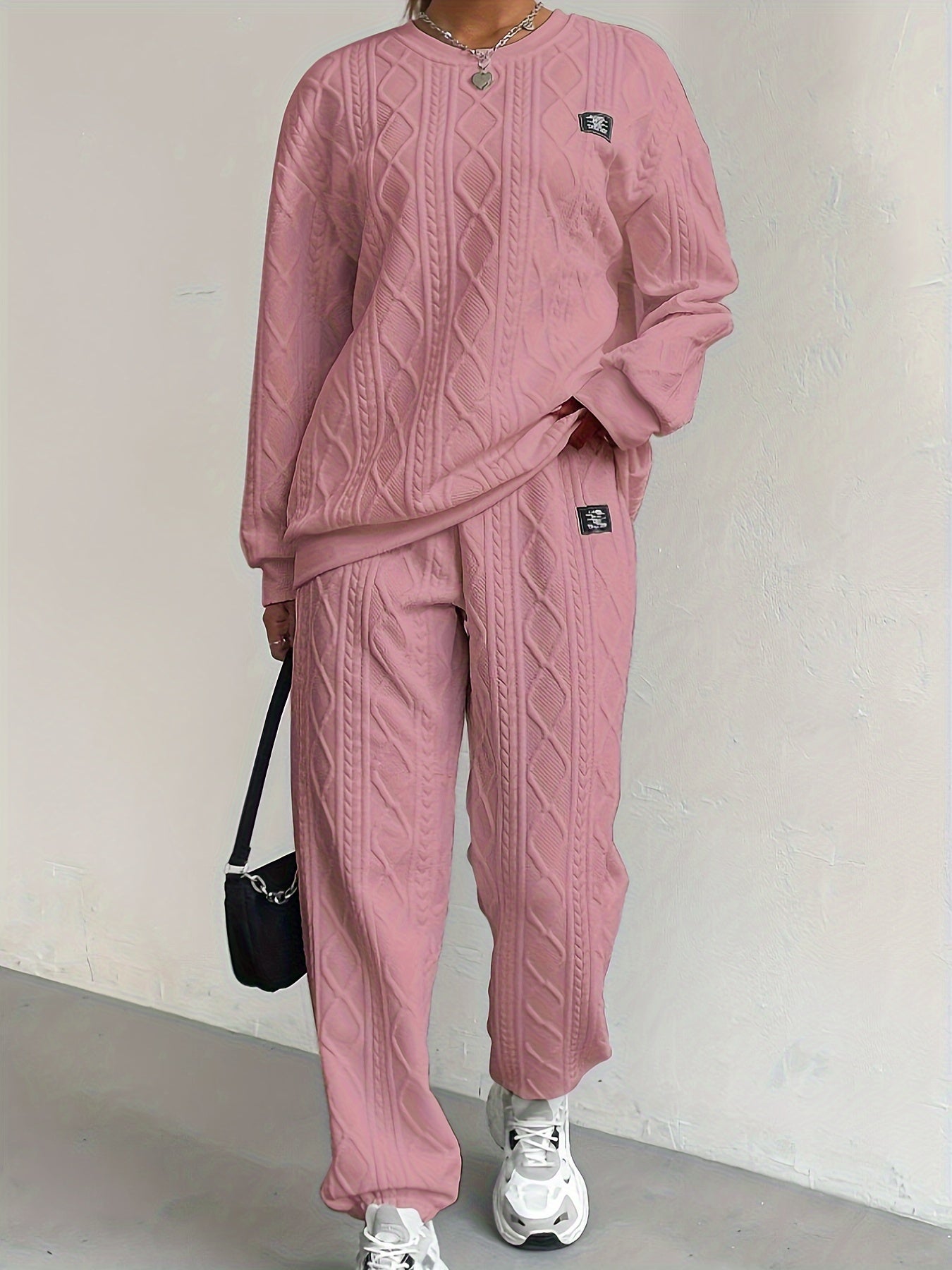 Women’s Lounge Set – Cable Knit – Relaxed Fit – Ribbed Cuffs – Full Length Cozy Wear