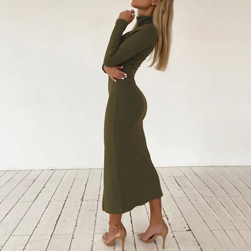 Women’s Ribbed Knit Two-Piece Set – Long-Sleeve Crop Top – High-Waisted Midi Skirt with Front Slit