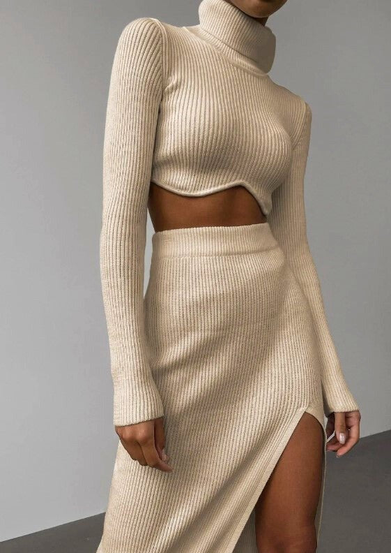 Womens High-Neck Sweater Set with Asymmetrical Cropped Top and Skirt