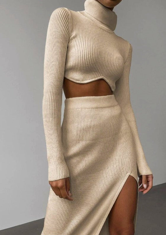 Women's Ribbed Knit Two-Piece Set - Cropped Turtleneck Top & High-Waisted Midi Skirt