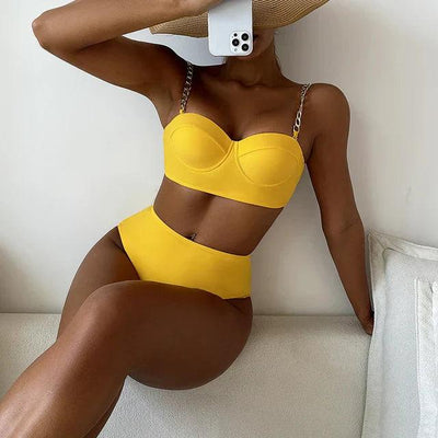 High-Waisted Padded Bikini Set with Chain Straps for Women