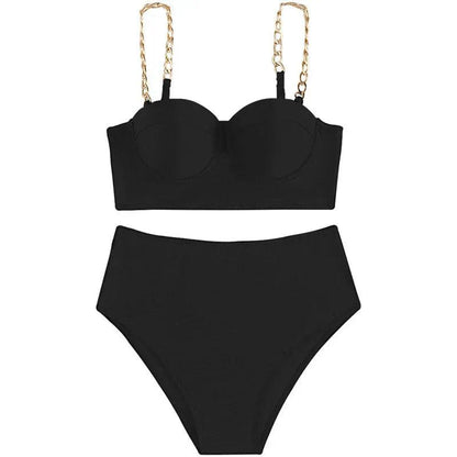 High-Waisted Padded Bikini Set with Chain Straps for Women