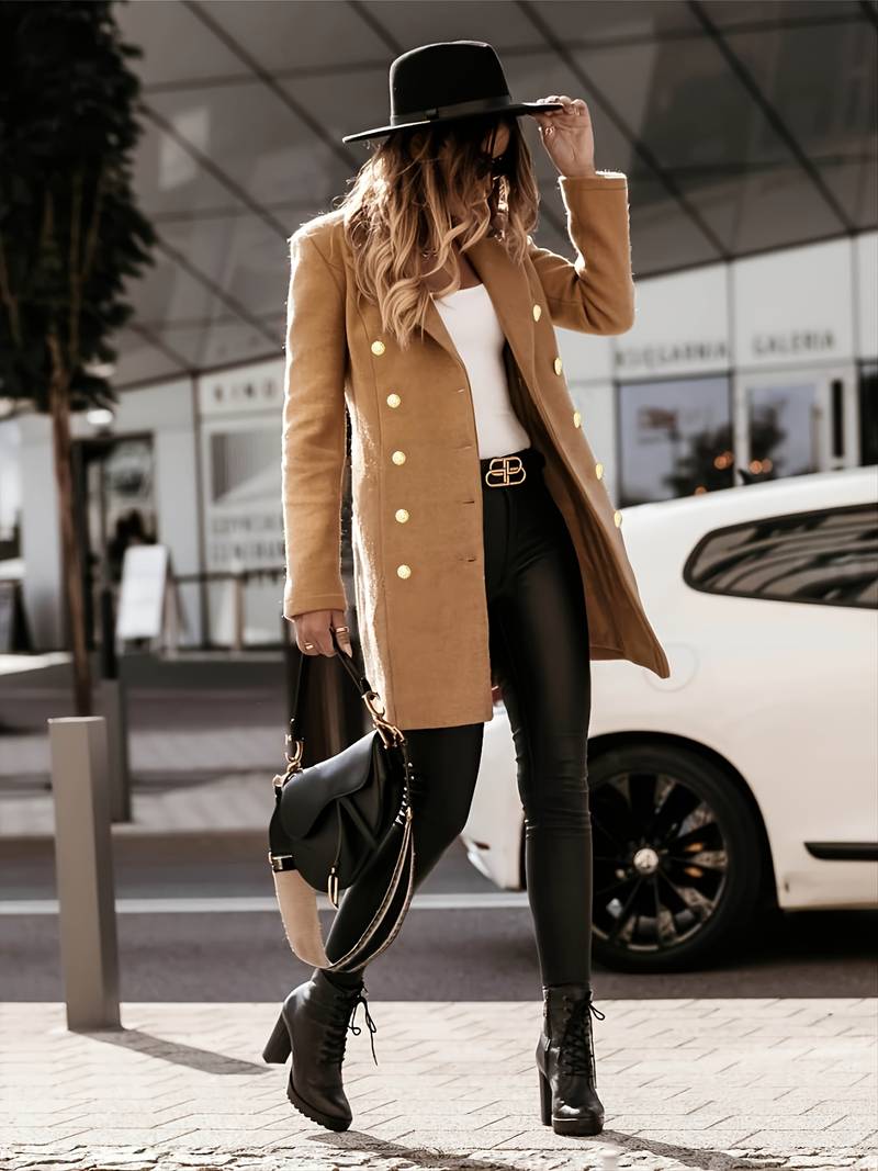 Women's Double-Breasted Wool Coat - Tailored Fit - Gold Button Detail - Mid-Thigh Length