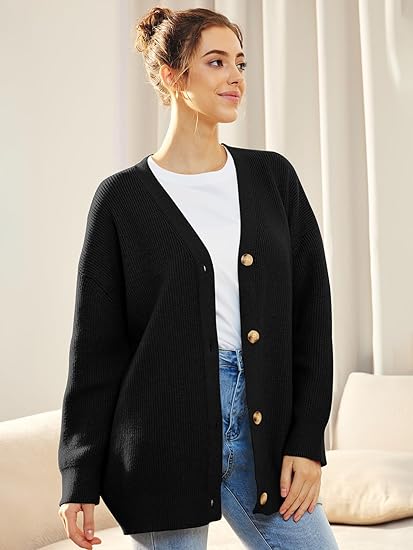 Women’s Cardigan – Oversized Fit – Soft Knit Ribbed Texture – V-Neck Button Front