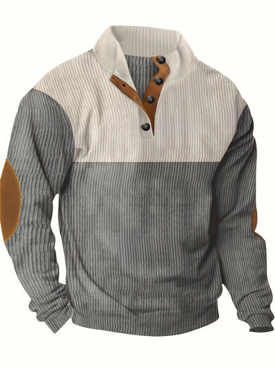 Men’s Ribbed Pullover Sweater - Quarter Button - Stand Collar - Long Sleeve - Elbow Patches