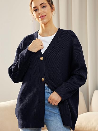 Women’s Cardigan – Oversized Fit – Soft Knit Ribbed Texture – V-Neck Button Front