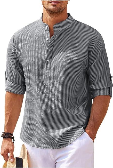 Men’s Henley Shirt - Long Sleeve Roll-Up - Relaxed Fit - Lightweight Breathable Fabric