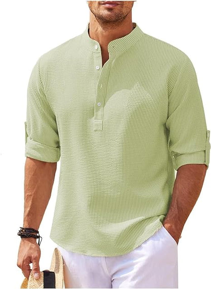 Men’s Casual Shirt – Relaxed Fit – Band Collar – Half Placket – Lightweight