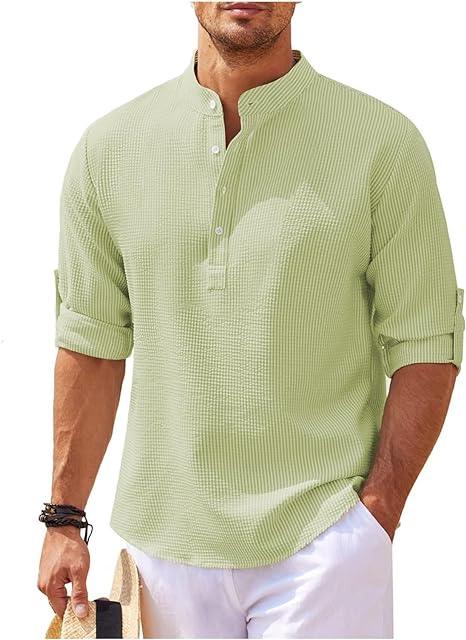 Men’s Henley Shirt - Long Sleeve Roll-Up - Relaxed Fit - Lightweight Breathable Fabric