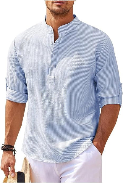 Men’s Casual Shirt – Relaxed Fit – Band Collar – Half Placket – Lightweight