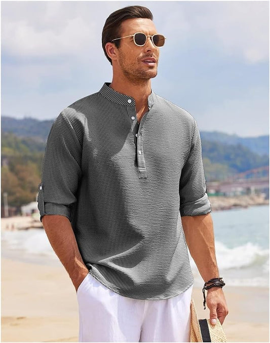 Men’s Casual Shirt – Relaxed Fit – Band Collar – Half Placket – Lightweight