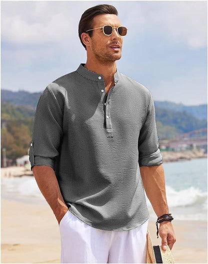 Men’s Henley Shirt - Long Sleeve Roll-Up - Relaxed Fit - Lightweight Breathable Fabric