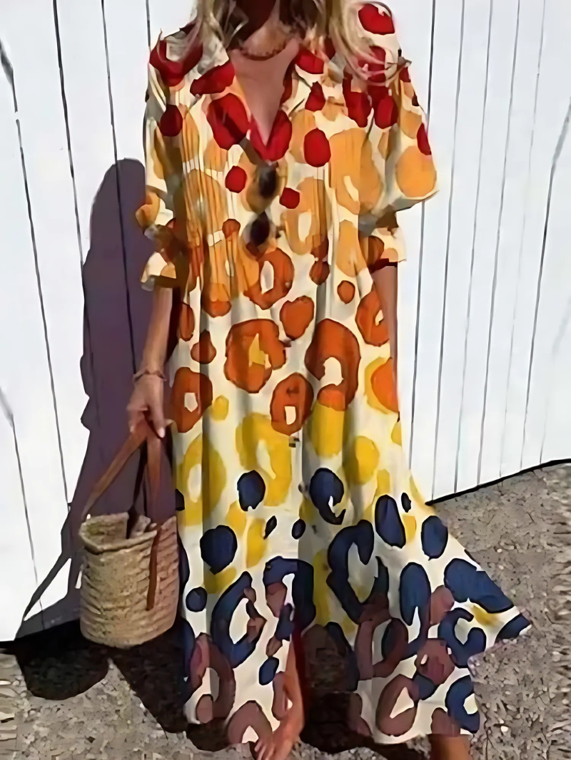 Women’s Maxi Dress – Relaxed Fit – Breathable Blend – Button Front – Retro Leaf Print