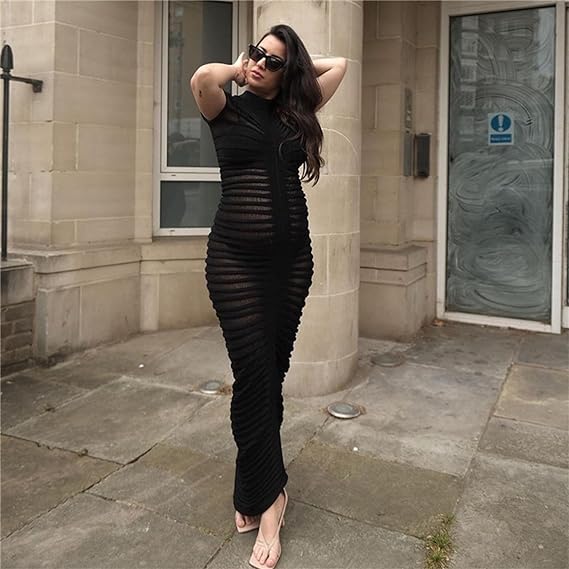 Women's Maxi Dress - Sheer Mesh - Ruched Texture - Short Sleeve Elegant Evening Wear