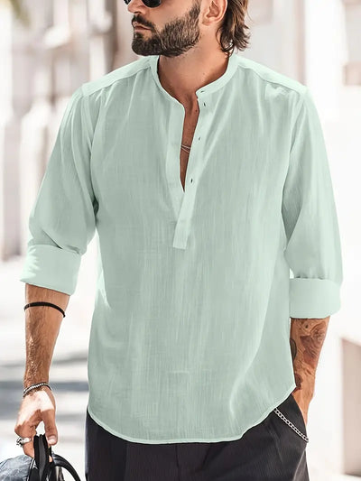 Men’s Long Sleeve Shirt – Relaxed Fit – Breathable Blend – Mandarin Collar – Casual Style