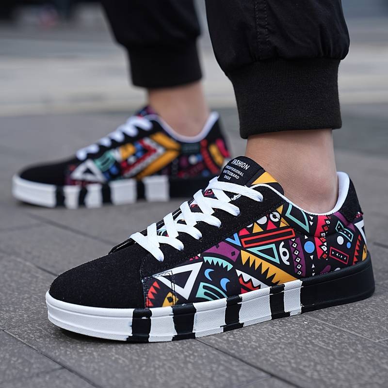 Men’s Low-Top Sneakers – Geometric Pattern – Canvas Upper – Rubber Sole – Casual Wear