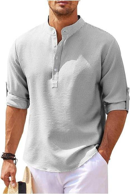 Men’s Henley Shirt - Long Sleeve Roll-Up - Relaxed Fit - Lightweight Breathable Fabric