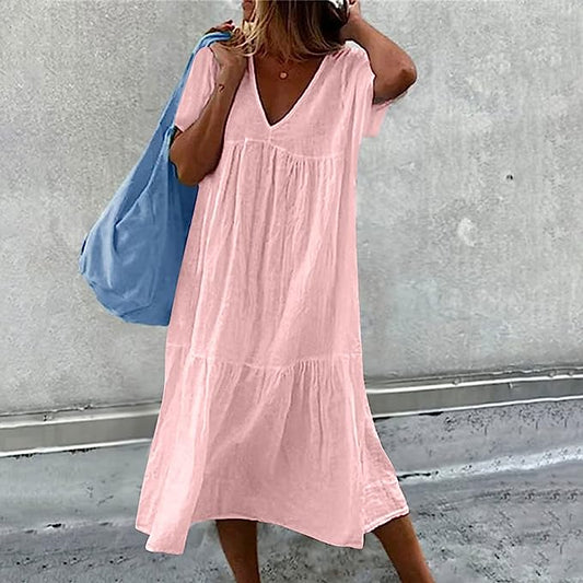 Women's Midi Dress - V-Neck - Short Sleeve - Loose Tiered Lightweight Casual Wear