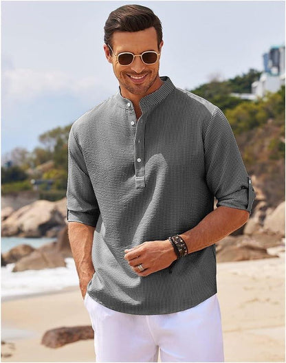 Men’s Henley Shirt - Long Sleeve Roll-Up - Relaxed Fit - Lightweight Breathable Fabric