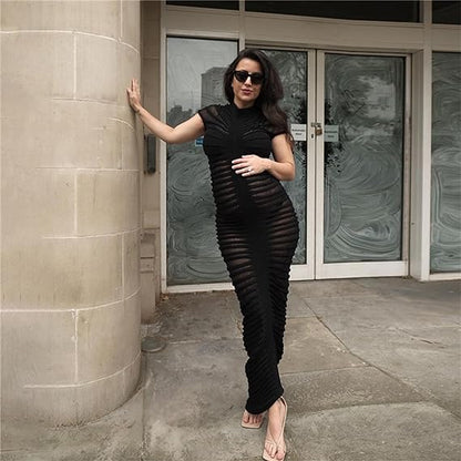 Women's Maxi Dress - Sheer Mesh - Ruched Texture - Short Sleeve Elegant Evening Wear
