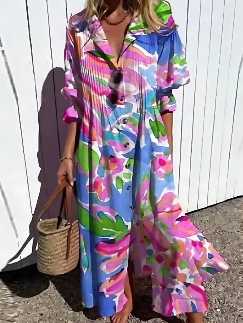 Women’s Maxi Dress – Relaxed Fit – Breathable Blend – Button Front – Retro Leaf Print