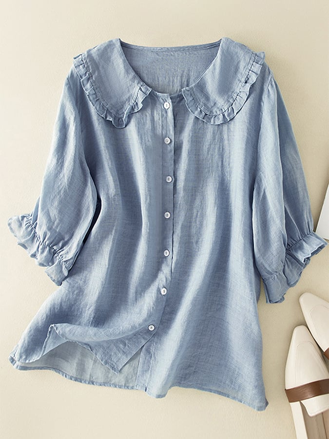 Women's cotton linen loose peter pan ruffles neck shirt