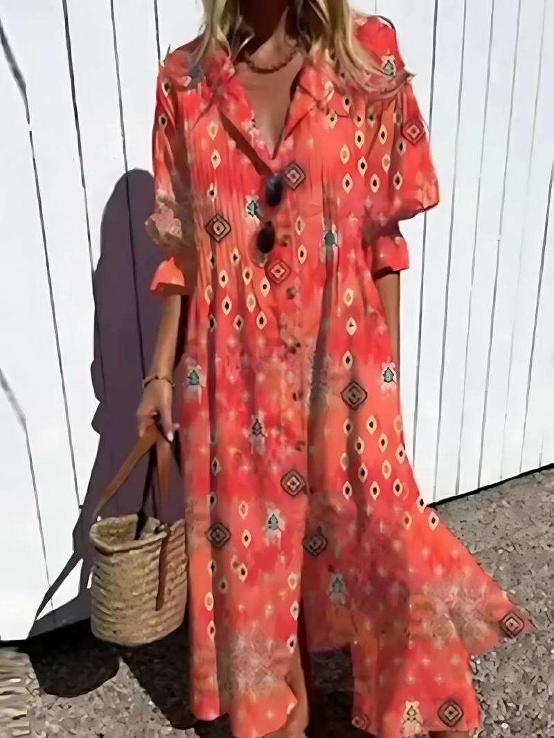 Women’s Maxi Dress – Relaxed Fit – Breathable Blend – Button Front – Retro Leaf Print