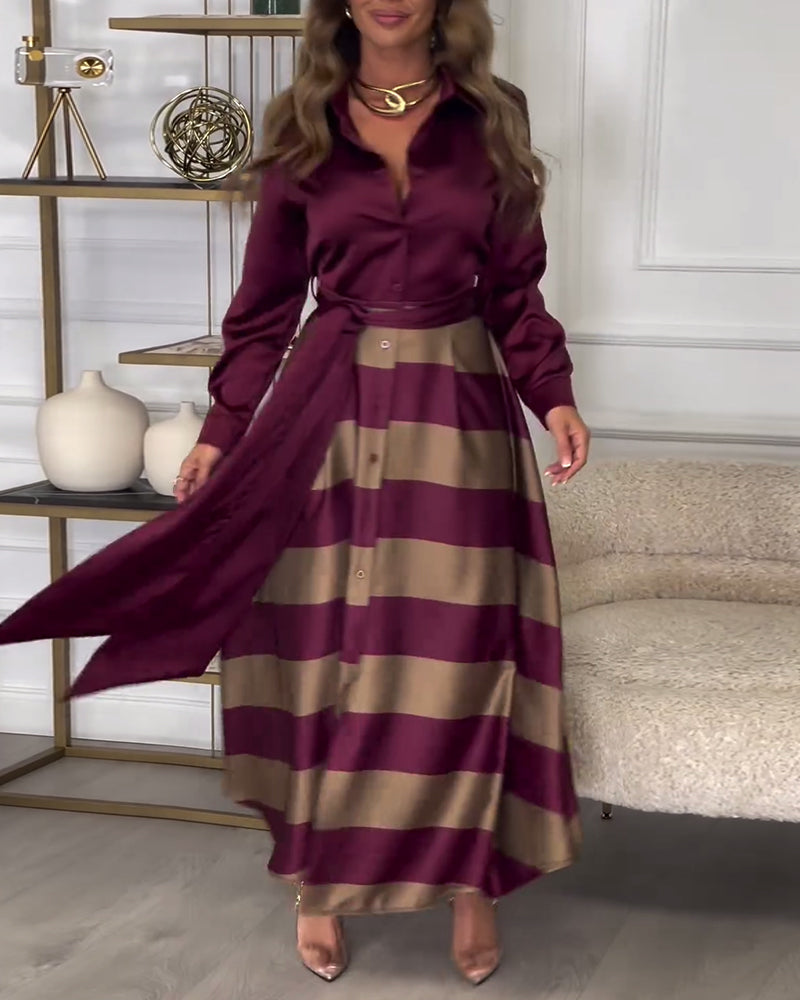 Women's Maxi Shirt Dress - Button-Up Long Sleeve - Striped Flowing Skirt - Belted Waist