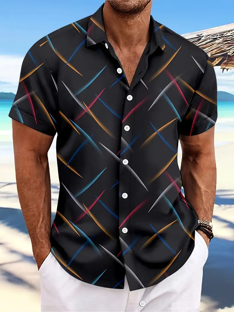 Men’s Short-Sleeve Button-Up Shirt - Casual Fit - Lightweight Breathable Fabric - Abstract Pattern
