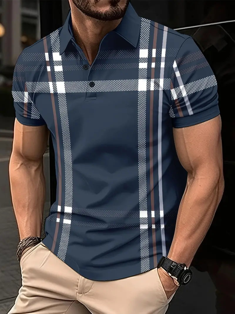 Men’s Polo Shirt - Plaid Pattern - Slim Fit - Short Sleeve Classic Casual Wear