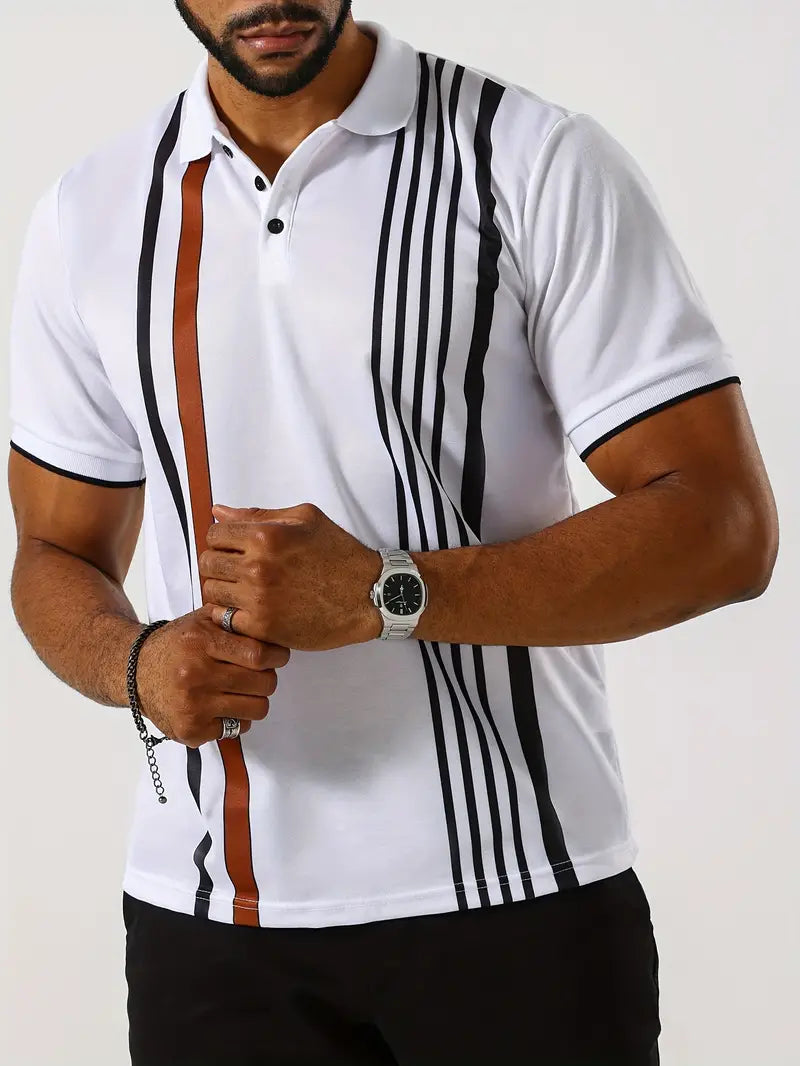 Men’s Polo Shirt - Slim Fit - Short Sleeve - Vertical Stripe Pattern - Classic Collar
