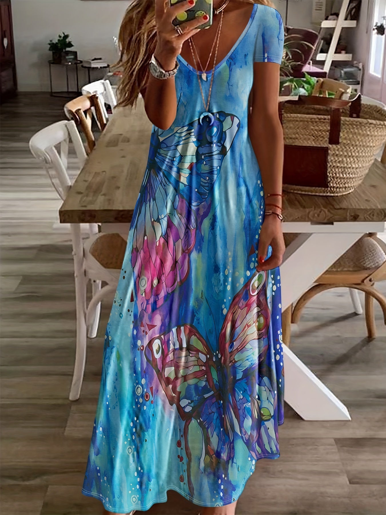 Women's Maxi Dress - Sleeveless V-Neck - Flowing Fit - Bold Butterfly Print