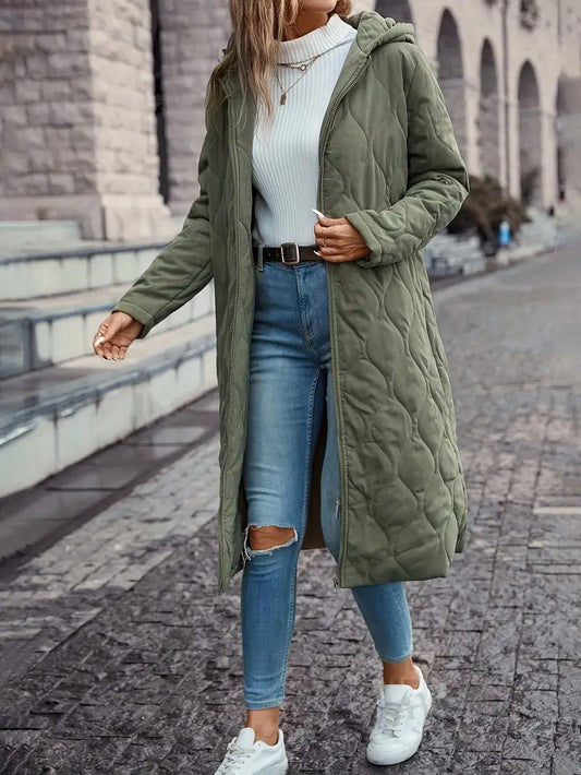 Women’s Quilted Coat – Relaxed Fit – Hooded – Full Length – Zip Front