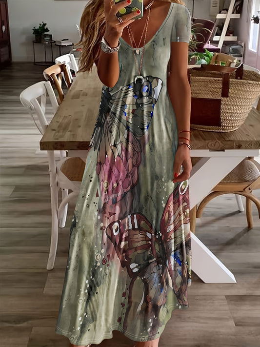 Women's Maxi Dress - Sleeveless V-Neck - Flowing Fit - Bold Butterfly Print