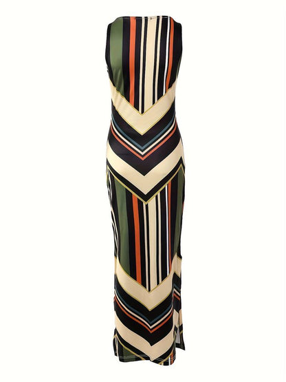 Women's Maxi Dress - Sleeveless Crew Neck - Chevron Stripe - High Side Slit