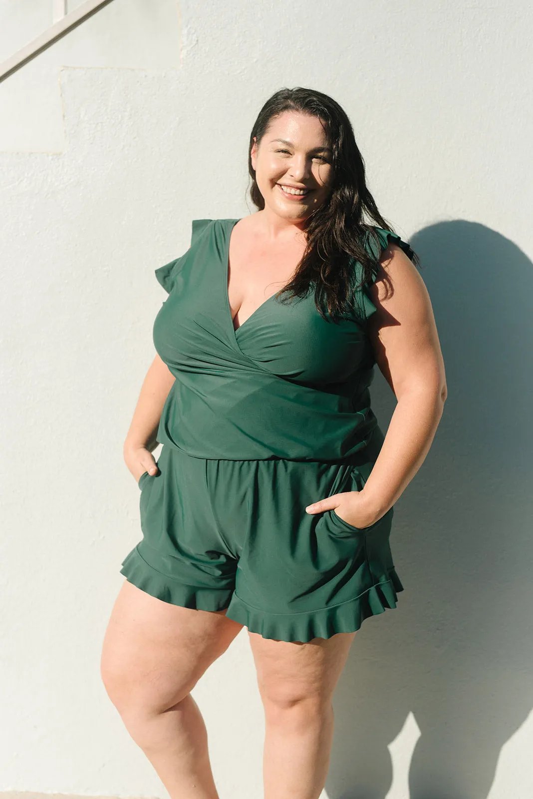Women's Romper - Wrap Top with Ruffle Sleeves - Shorts with Flared Hem - Stylish and Comfortable