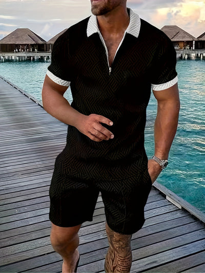 Geometric zip-up short set for men