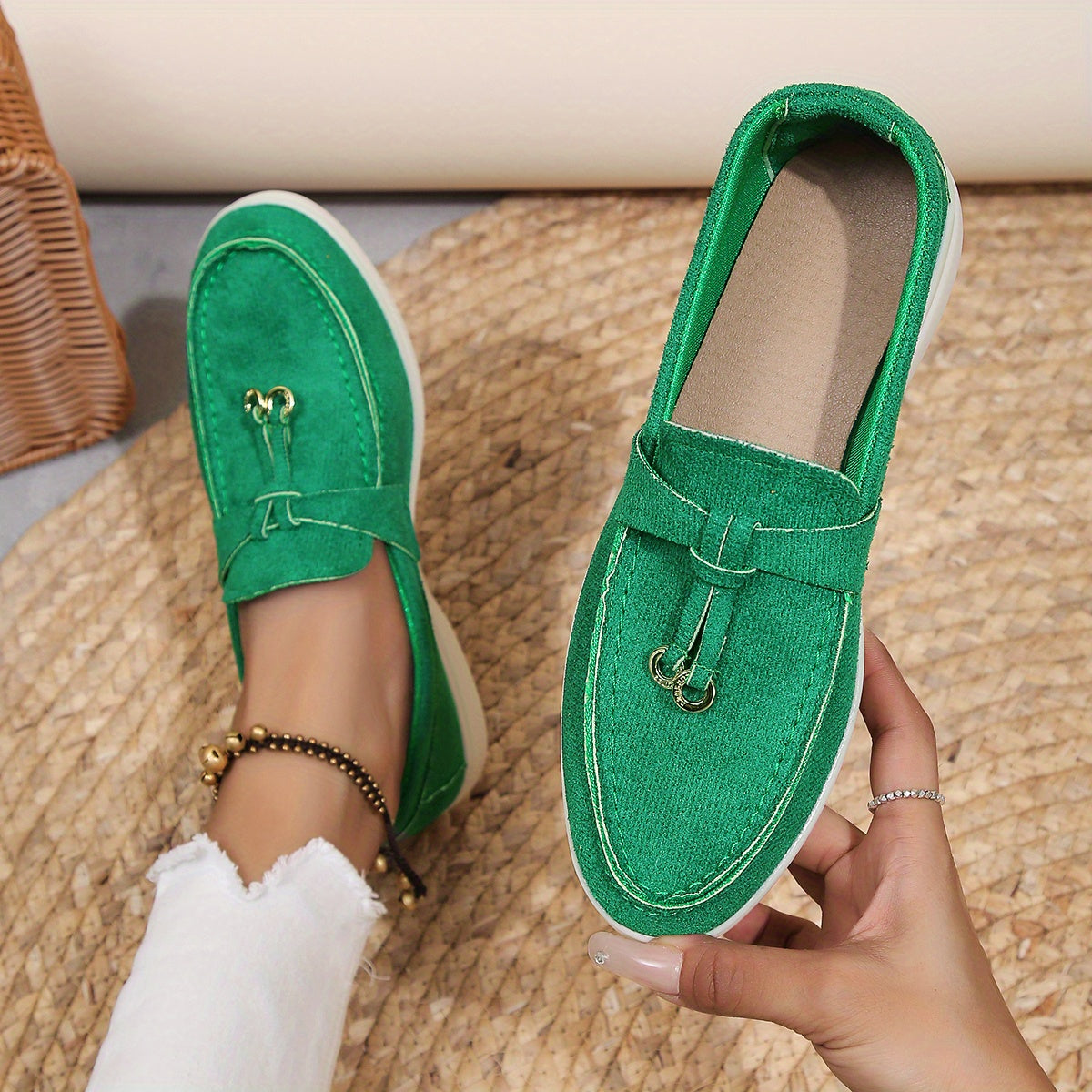 Women’s Slip-On Loafers – Woven Fabric – Decorative Lace – Casual Comfort Fit