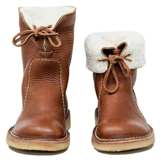 Women’s Mid-Calf Boots – Leather Look – Wool Lined – Lace Up – Rounded Toe – Stitched