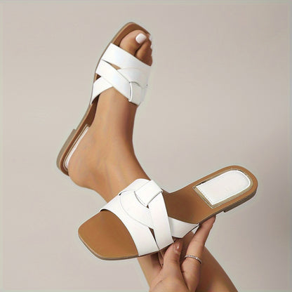Women's Square Toe Slide Sandals - PU Strappy Flats for Casual Spring & Summer Beachwear