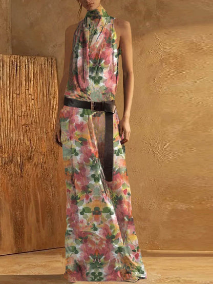 Women’s Maxi Tank Dress – High Neck – Sleeveless – Waist Belt – Flowing Fit – Breathable Blend