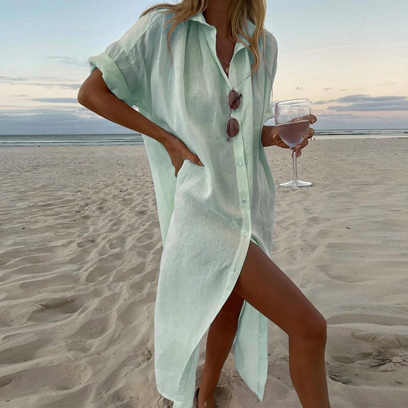 Women’s Shirt Dress – Button Down – Short Sleeve – Lightweight – Collared – Front Slit