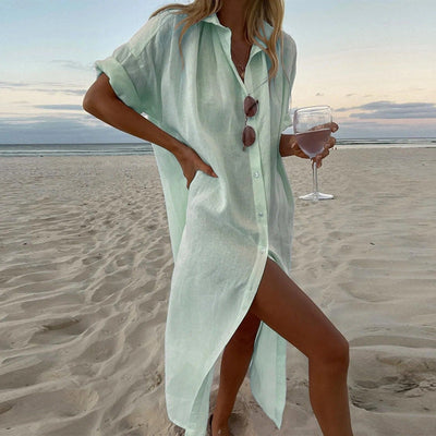Women’s Shirt Dress – Button Down – Short Sleeve – Lightweight – Collared – Front Slit