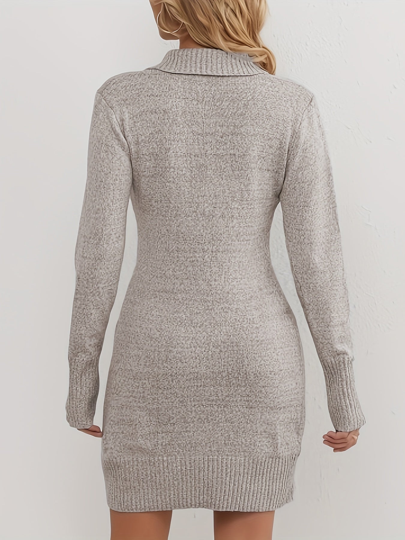 Women's Knitted Sweater Dress - Wrap V-Neck - Long Sleeve - Button Detail - Bodycon Fit