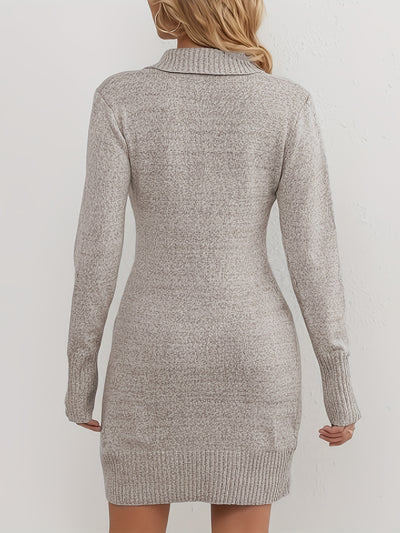 Women's Knitted Sweater Dress - Wrap V-Neck - Long Sleeve - Button Detail - Bodycon Fit