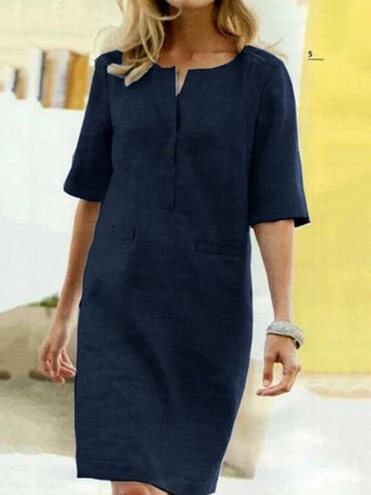 Women's Shift Dress - Cotton Linen Blend - Knee Length - Half Sleeve - V-Slit Neck