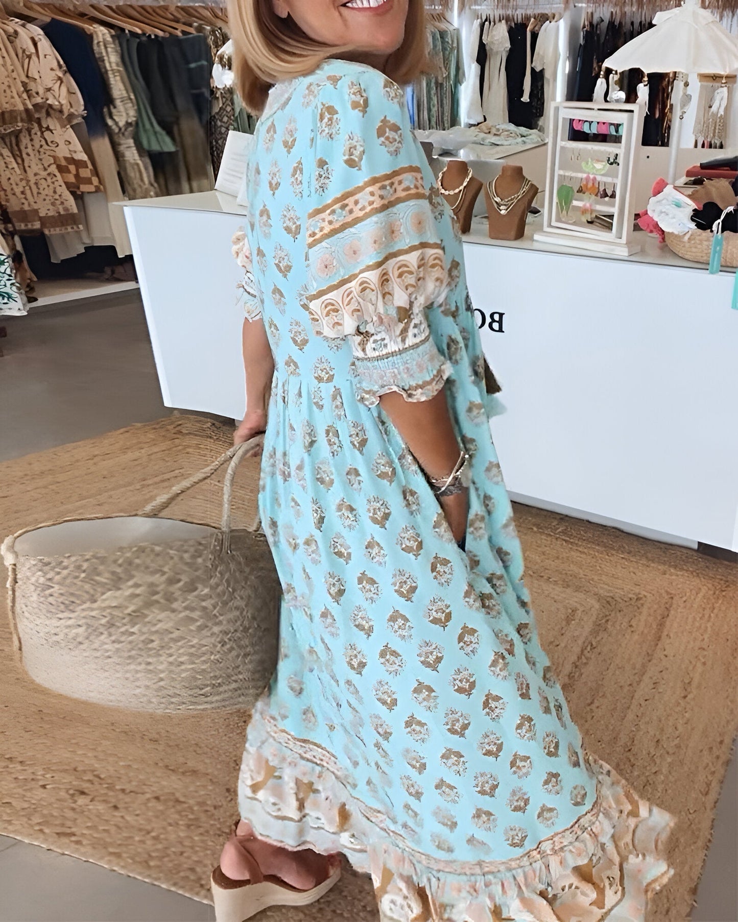 Women’s Maxi Dress – Boho Floral Print – V-Neck – Relaxed Fit – Natural Fibers