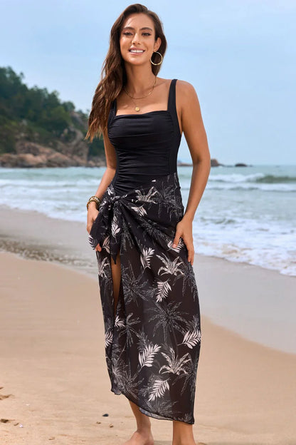 Women’s Swimsuit Set – Square Neck Top – Floral Print – Side-Tie Maxi Cover-Up